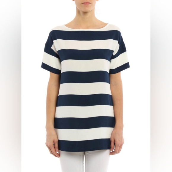 DOLCE & GABBANA Navy White wide‎ Stripe Lightweight crepe striped blouse 42 US 6